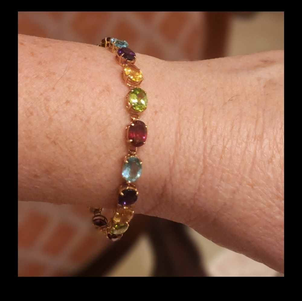 14k Solid Gold Multicolor Oval Gemstone Tennis Br… - image 3